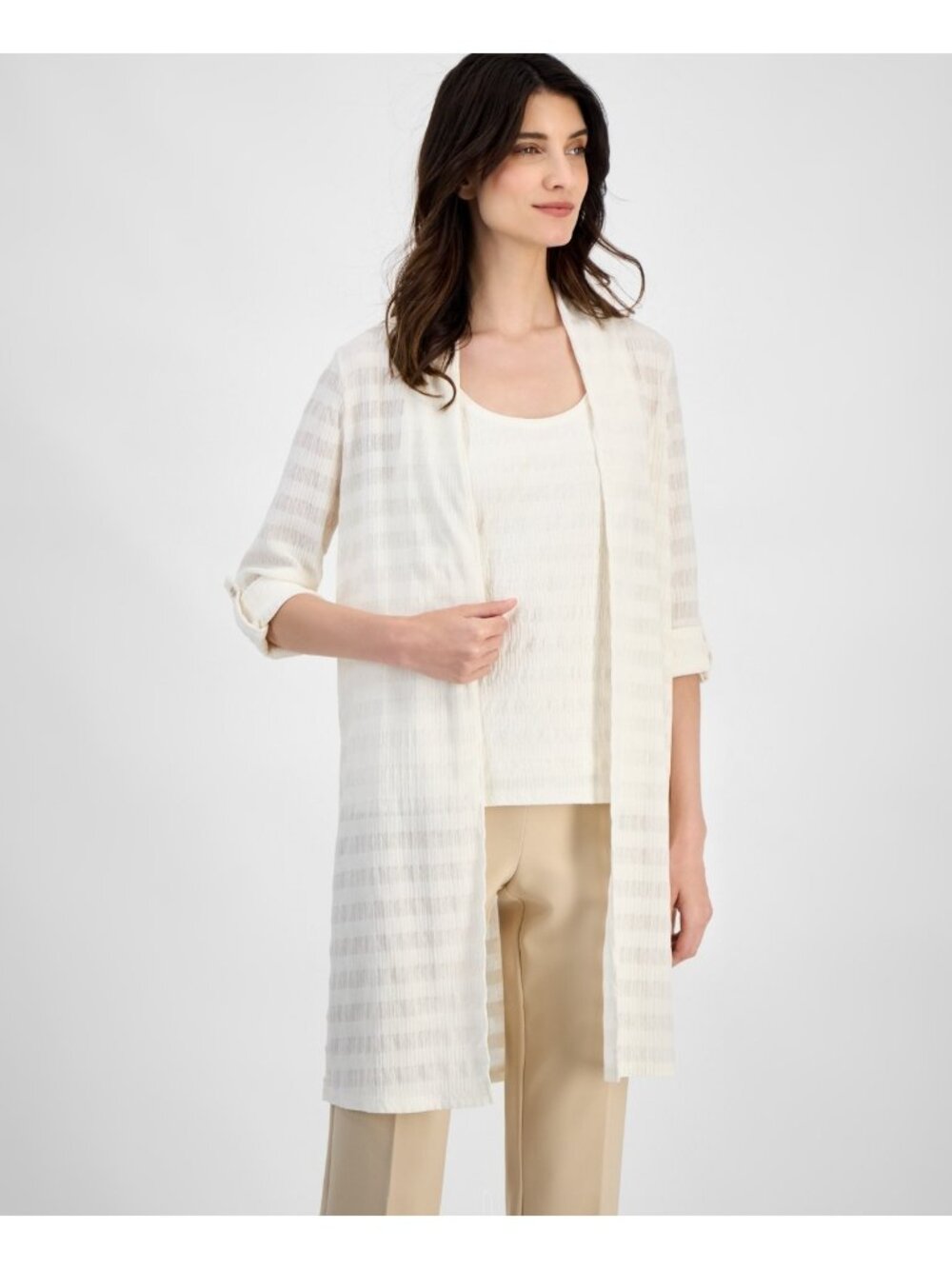 Anne Klein Textured-Knit Open-Knit Roll-Tab-Sleeve Cardigan Ivory Size L $99